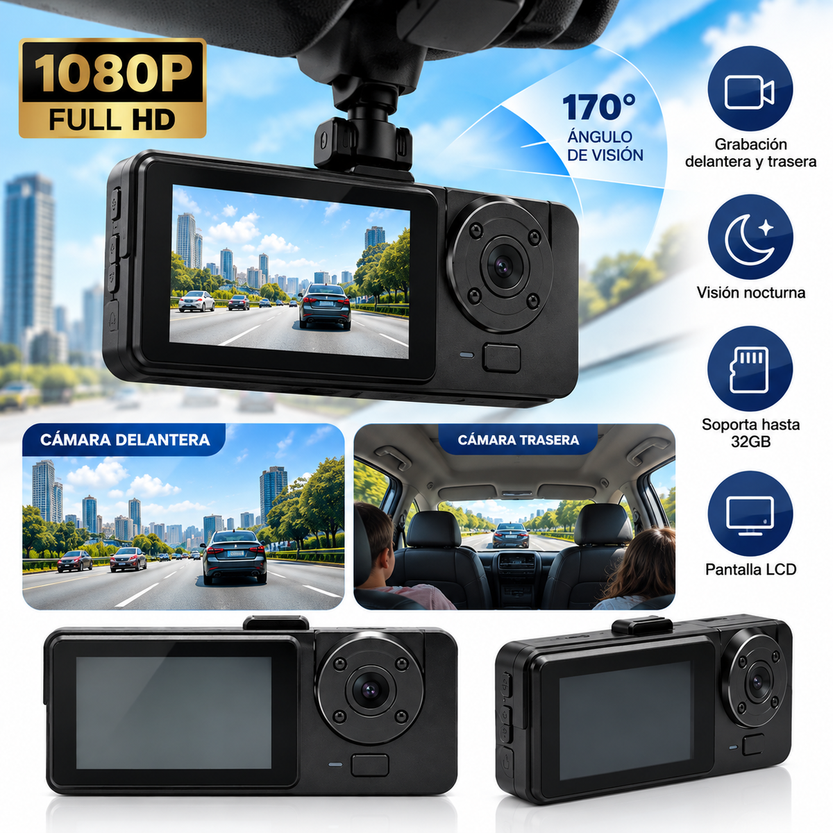 📹 Cámara para Auto con Grabación Doble Lente 1080P