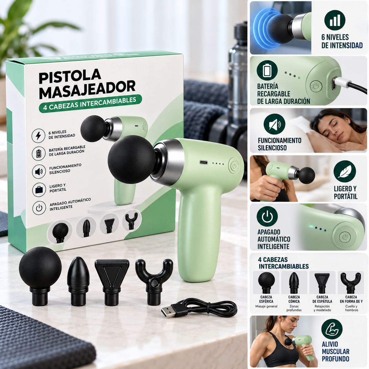 Pistola Masajeadora con 4 Cabezas Intercambiables