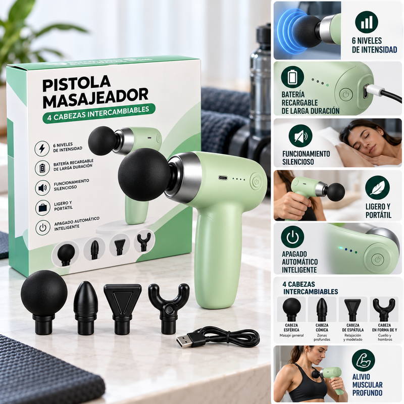 Pistola Masajeadora con 4 Cabezas Intercambiables